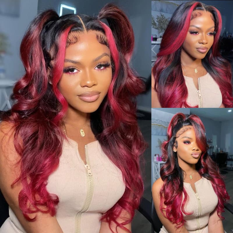 SWAY Ombre Black 99J Red Skunk Stripe 13x4 Lace Front Human Hair Wigs