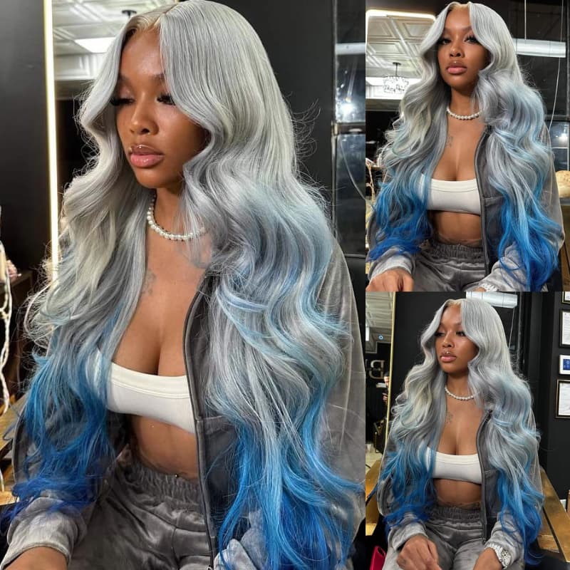 SWAY Ombre Gray Blue Color 13x4 HD Lace Front Virgn Human Hair Wigs