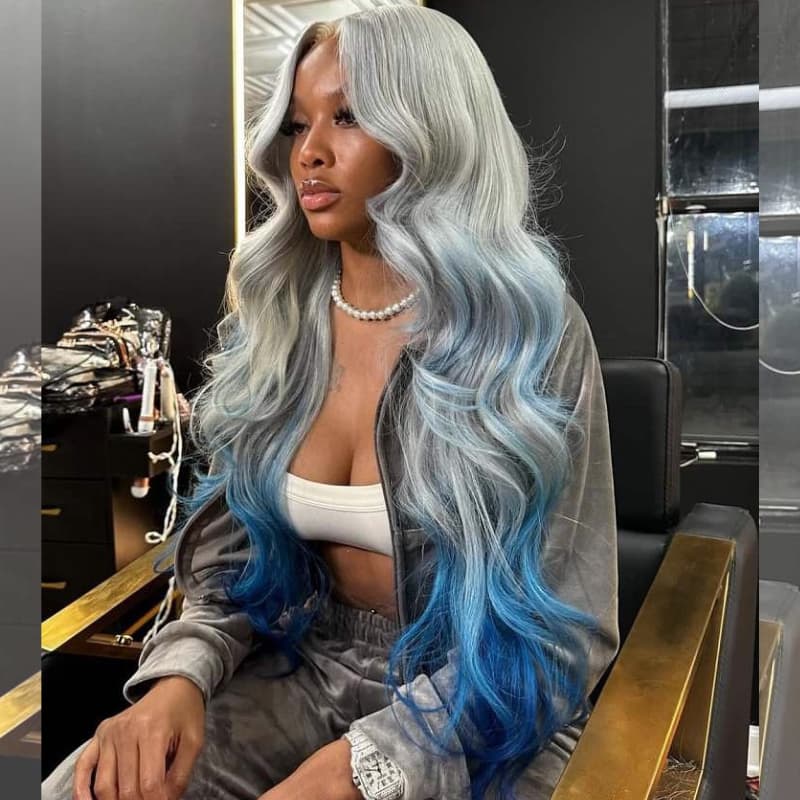 SWAY Ombre Gray Blue Color 13x4 HD Lace Front Virgn Human Hair Wigs