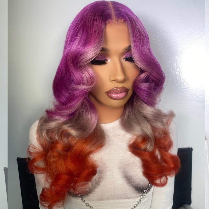 SWAY Ombre Purple Gray Ginger 200 Density Lace Front Human Hair Wigs