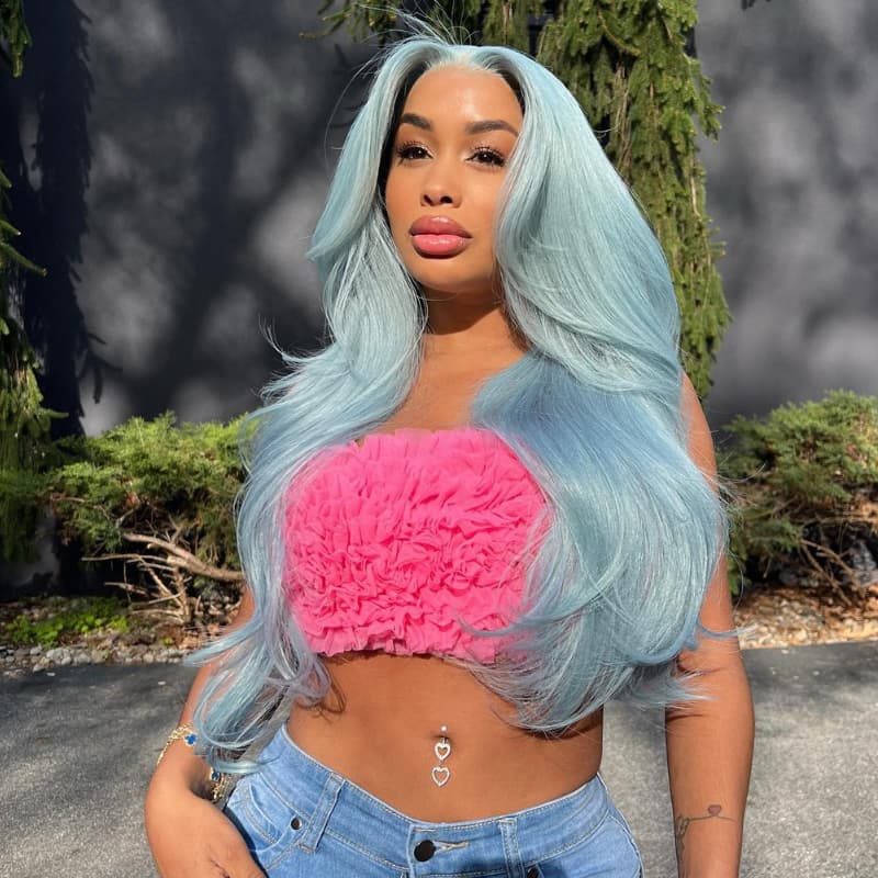 SWAY 200 Density Sky Blue Color Lace Front Virgin Remy Human Hair Wig