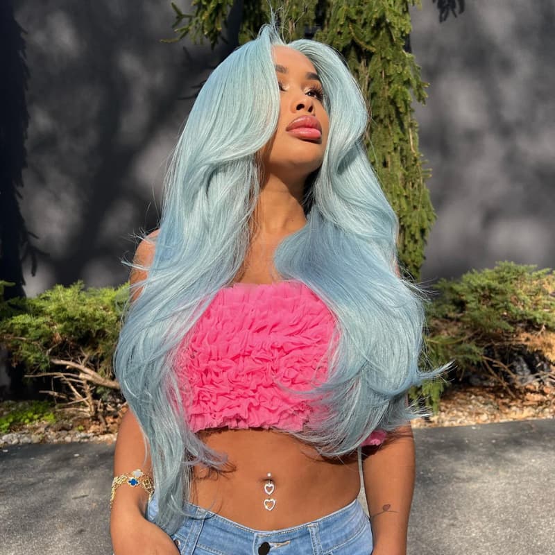 SWAY 200 Density Sky Blue Color Lace Front Virgin Remy Human Hair Wig