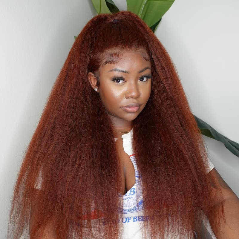 SWAY Reddish Brown Yaki Kinky Straight 13x4 Lace Front Human Hair Wigs