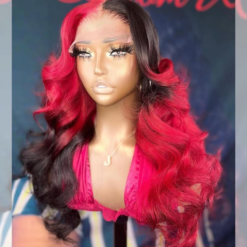 SWAY Split Dye Half Black Half Red HD Lace Front Virgin Human Hair Wig