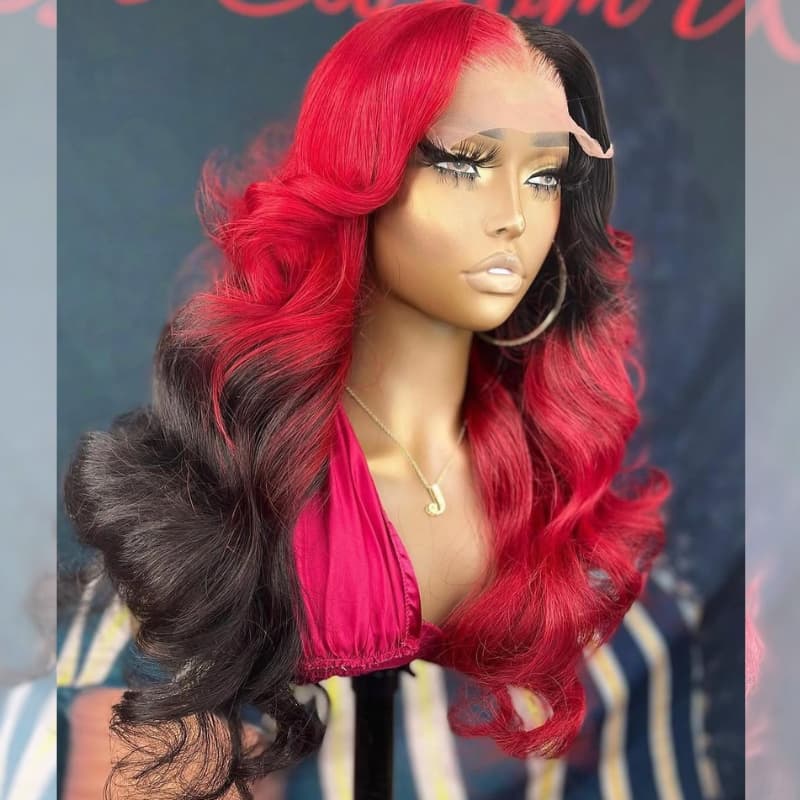 SWAY Split Dye Half Black Half Red HD Lace Front Virgin Human Hair Wig
