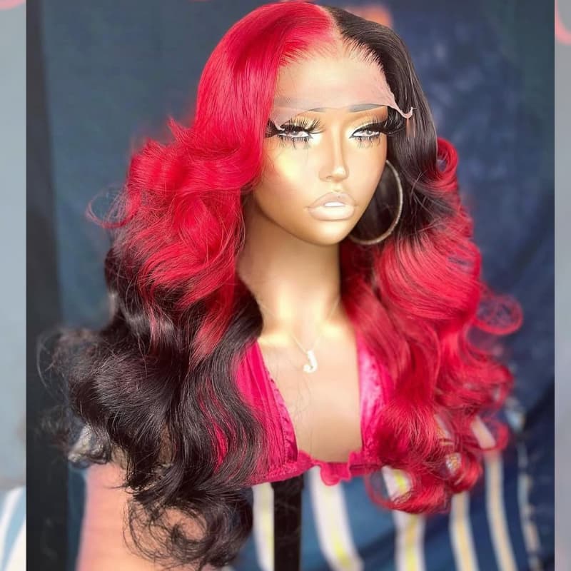 SWAY Split Dye Half Black Half Red HD Lace Front Virgin Human Hair Wig