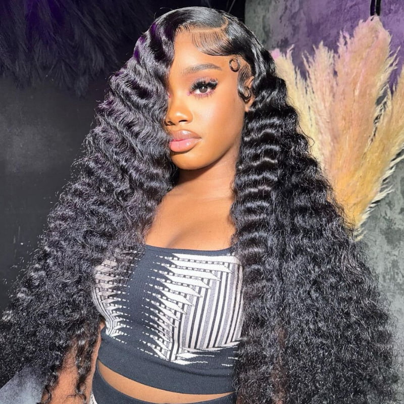 SWAY 250 300 Density Deep Wave Curly 13x4 Lace Front Human Hair Wigs