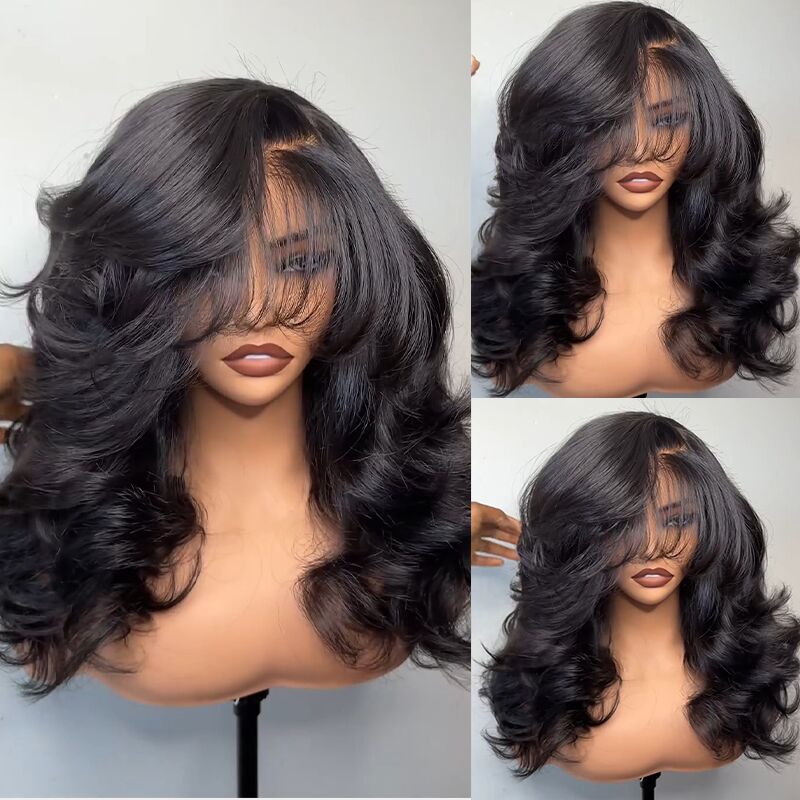 SWAY 250 300 Density Side Part Straight 13x4 Lace Front Human Hair Wigs With Bangs