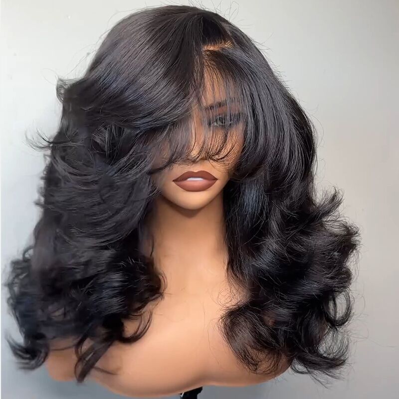 SWAY 250 300 Density Side Part Straight 13x4 Lace Front Human Hair Wigs With Bangs