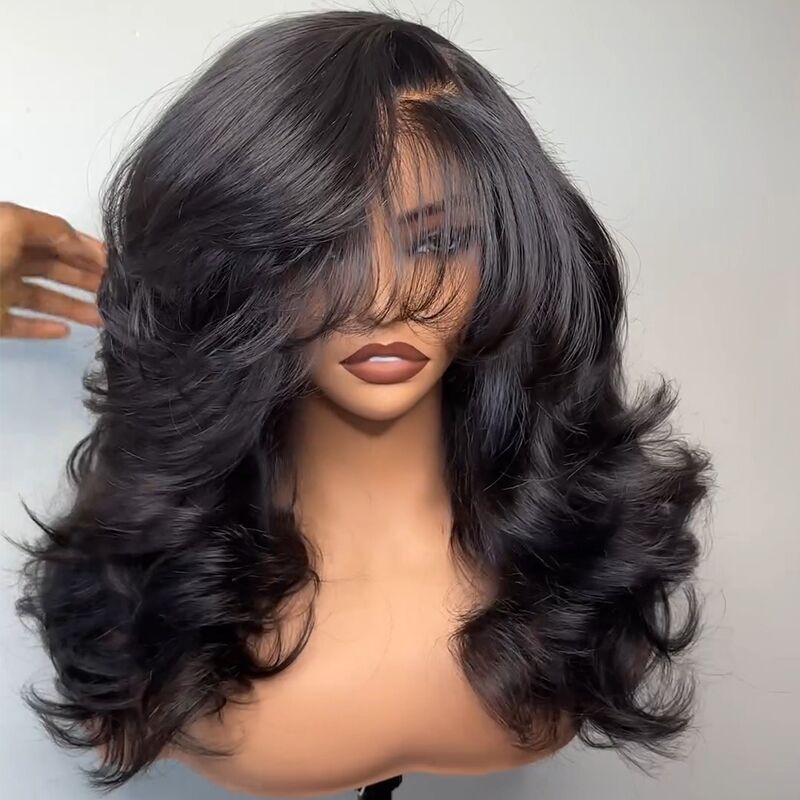 SWAY 250 300 Density Side Part Straight 13x4 Lace Front Human Hair Wigs With Bangs