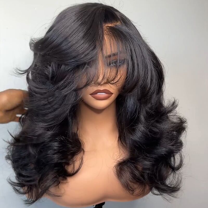 SWAY 250 300 Density Side Part Straight 13x4 Lace Front Human Hair Wigs With Bangs