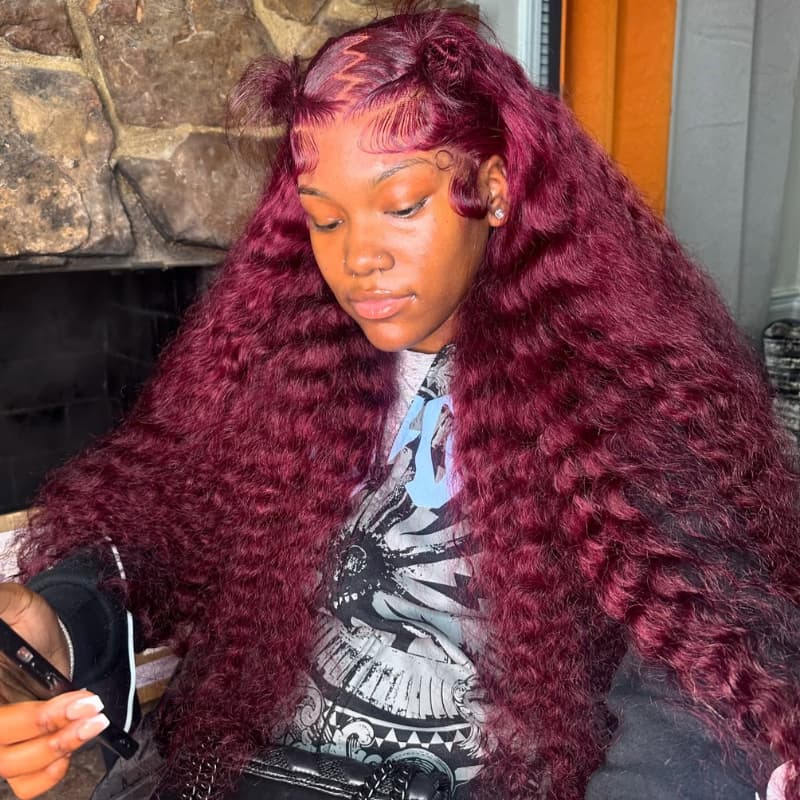 SWAY 300 Density 99J Dark Red Deep Wave Curly Virgin Human Hair Wigs