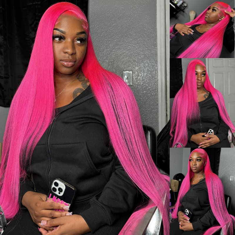 SWAY 30 32 34 Inch Hot Pink Bone Straight Lace Front Human Hair Wigs