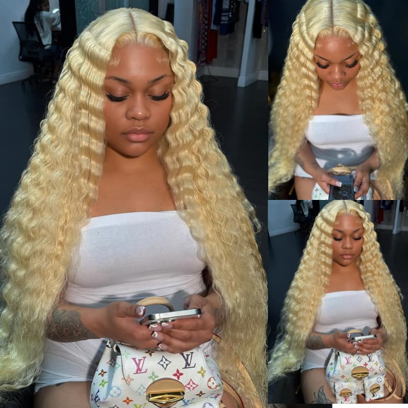 SWAY 30 32 34 Inch 200 Density 613 Blonde Deep Curly Human Hair Wigs