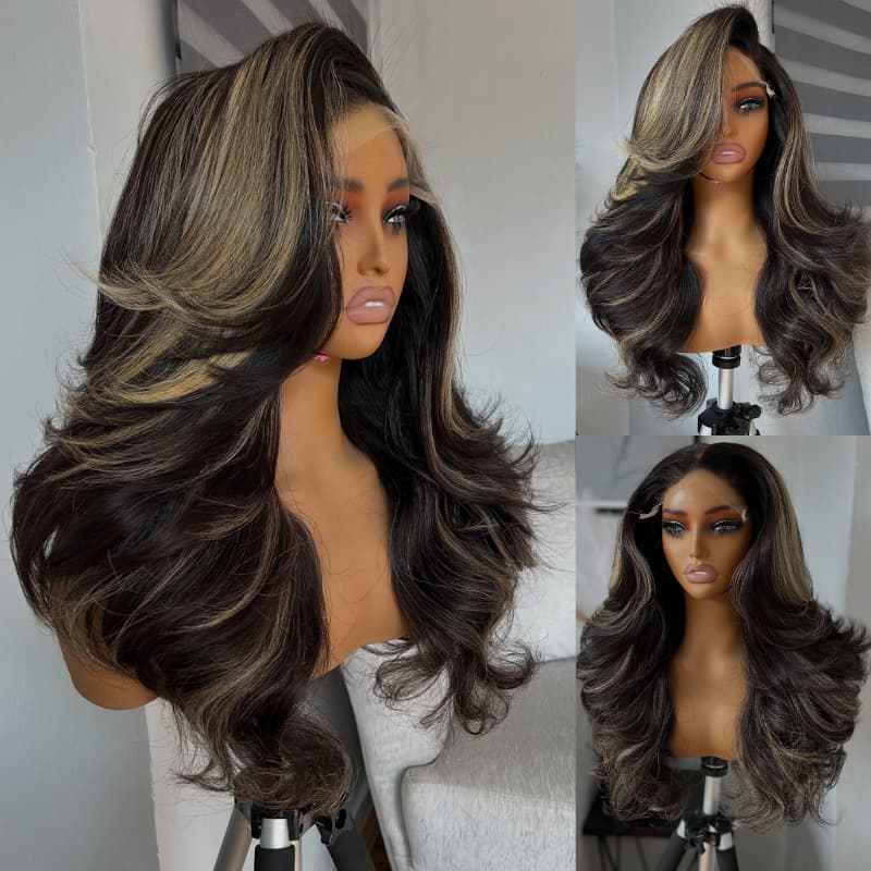 SWAY Balayage Black With Brown Highlights 250 300 Density 13x4 Lace Front Human Hair Wigs
