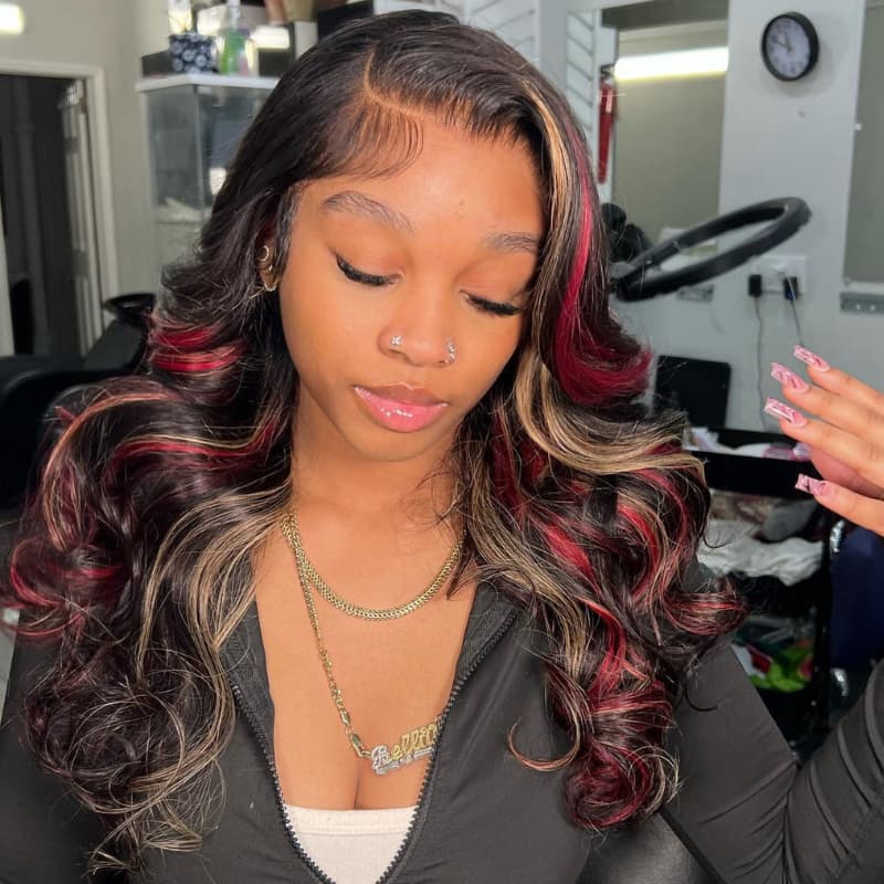 SWAY Black With 99J Red Brown Highlights HD Lace Front Human Hair Wigs