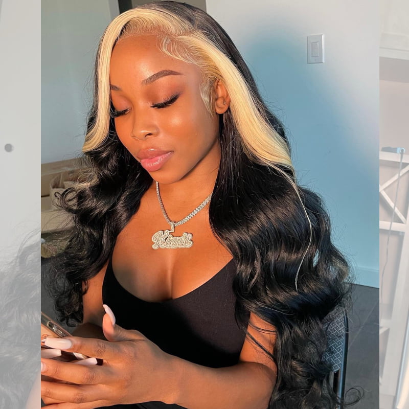 SWAY Black With Blonde Skunk Stripe 13x4 Lace Front Virgin Human Wigs