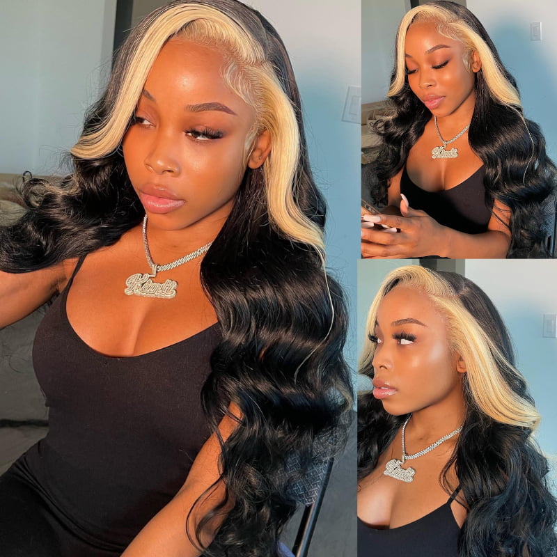 SWAY Black With Blonde Skunk Stripe 13x4 Lace Front Virgin Human Wigs