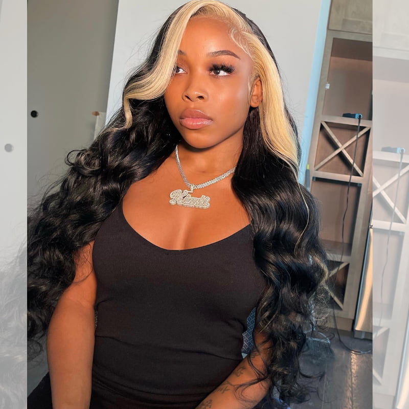SWAY Black With Blonde Skunk Stripe 13x4 Lace Front Virgin Human Wigs