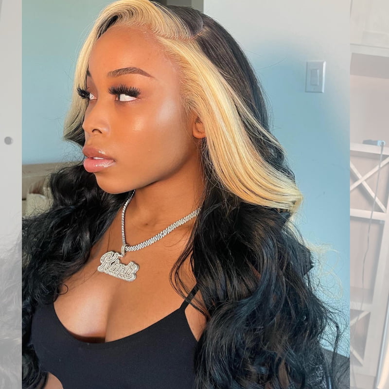 SWAY Black With Blonde Skunk Stripe 13x4 Lace Front Virgin Human Wigs