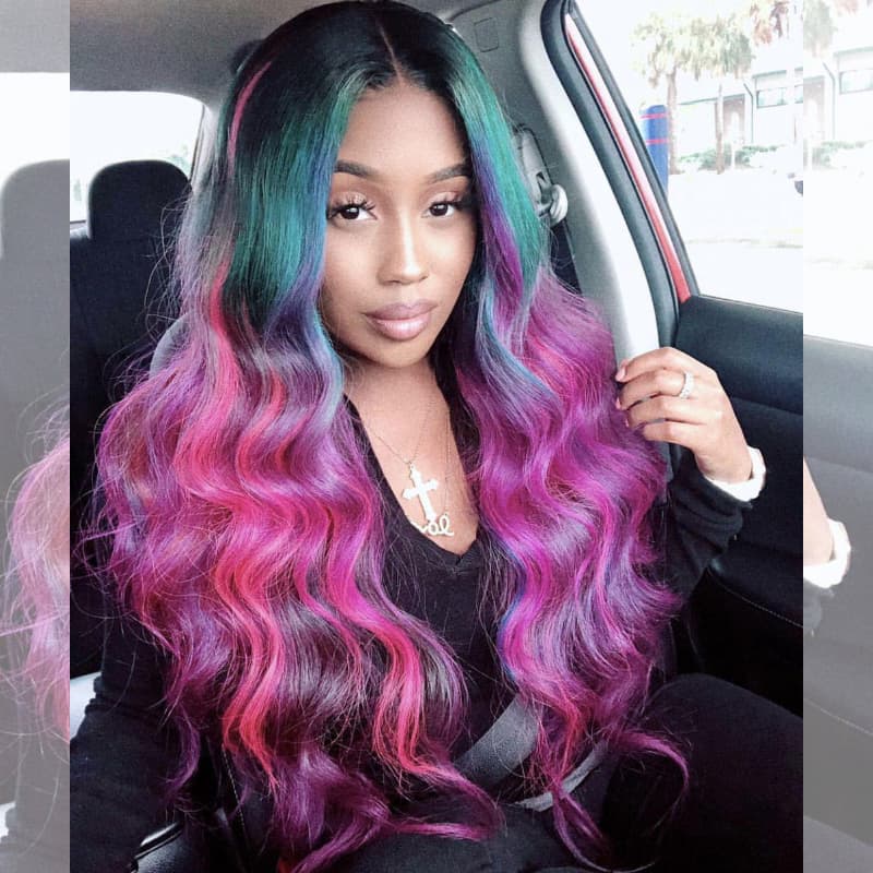 SWAY Black With Blue Green Purple Pink Highlight Dark Roots 13x4 Lace Front Virgin Human Hair Wigs