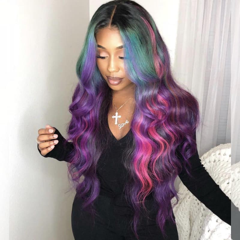 SWAY Black With Blue Green Purple Pink Highlight Dark Roots 13x4 Lace Front Virgin Human Hair Wigs