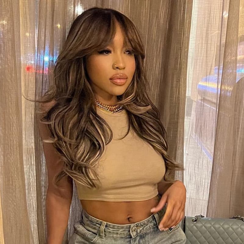 SWAY Black With Brown Highlight Curtain Bangs Virgin Human Hair Wigs