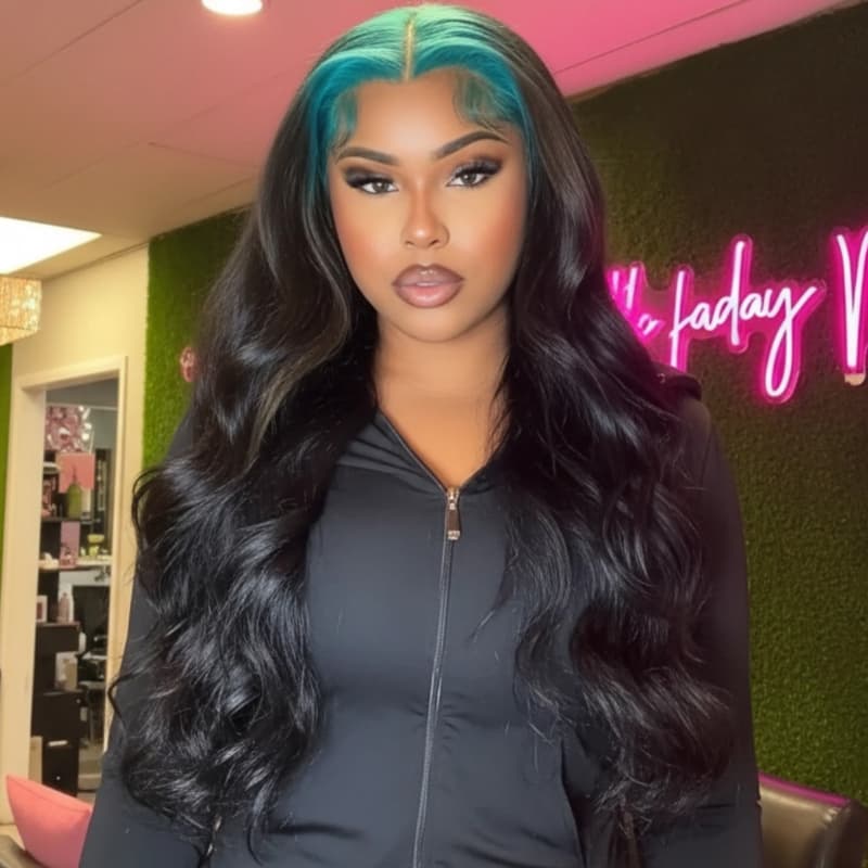 SWAY Black With Dark Midnight Blue Roots 13x4 Lace Front Human Hair Wigs 200 Density