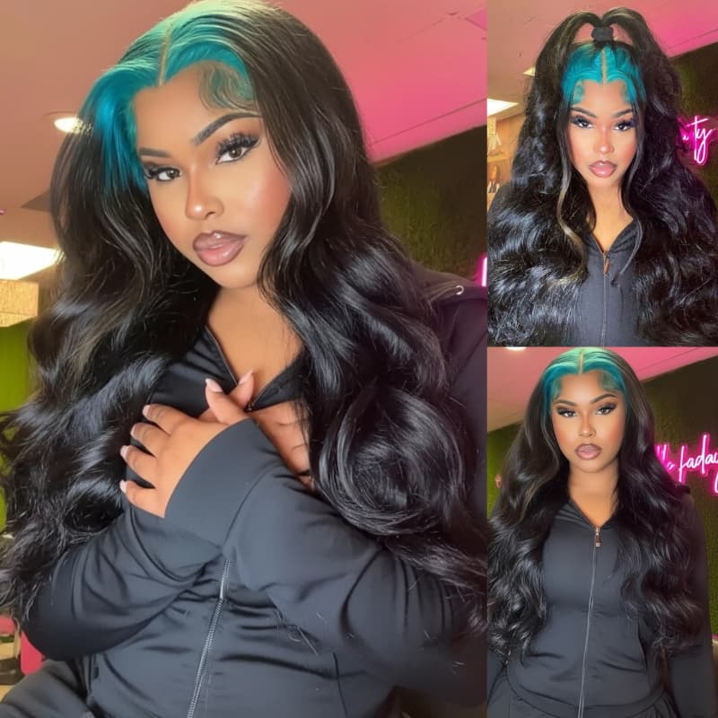 SWAY Black With Dark Midnight Blue Roots 13x4 Lace Front Human Hair Wigs 200 Density