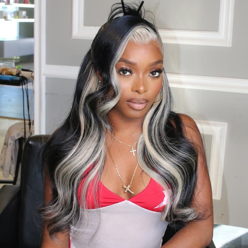 SWAY Black With Grey Blonde Skunk Stripe Highlights 13x4 Lace Front Virgin Human Hair Wigs 200 Density