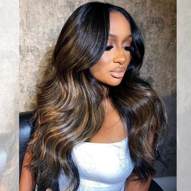 SWAY Black With Honey Blonde Brown Highlight Streaks 13x4 Lace Front Virgin Human Hair Wigs 200 Density