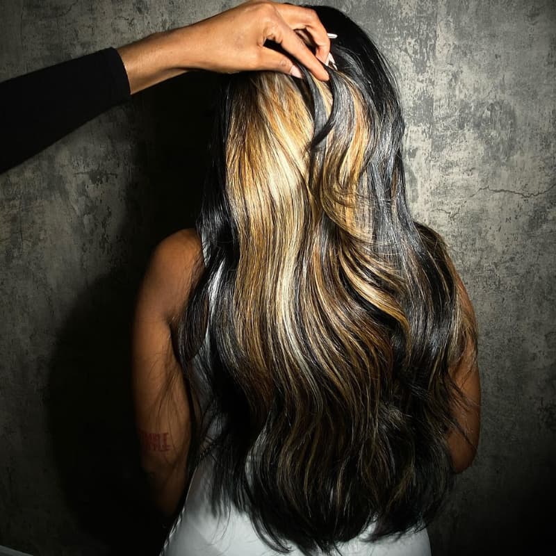 SWAY Black With Honey Blonde Brown Highlight Streaks 13x4 Lace Front Virgin Human Hair Wigs 200 Density