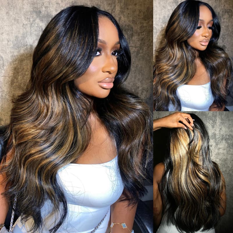 SWAY Black With Honey Blonde Brown Highlight Streaks 13x4 Lace Front Virgin Human Hair Wigs 200 Density