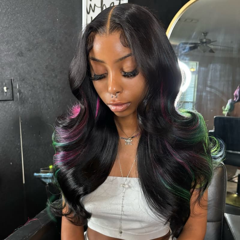 SWAY Black With Purple Red Green Highlights 13x4 Lace Front Virgin Human Hair Wigs