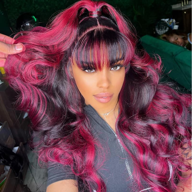 SWAY Black With Red Highlight Streak Bangs Virgin Remy Human Hair Wigs