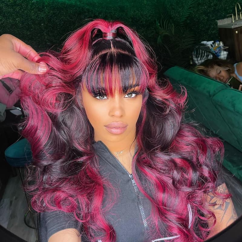 SWAY Black With Red Highlight Streak Bangs Virgin Remy Human Hair Wigs
