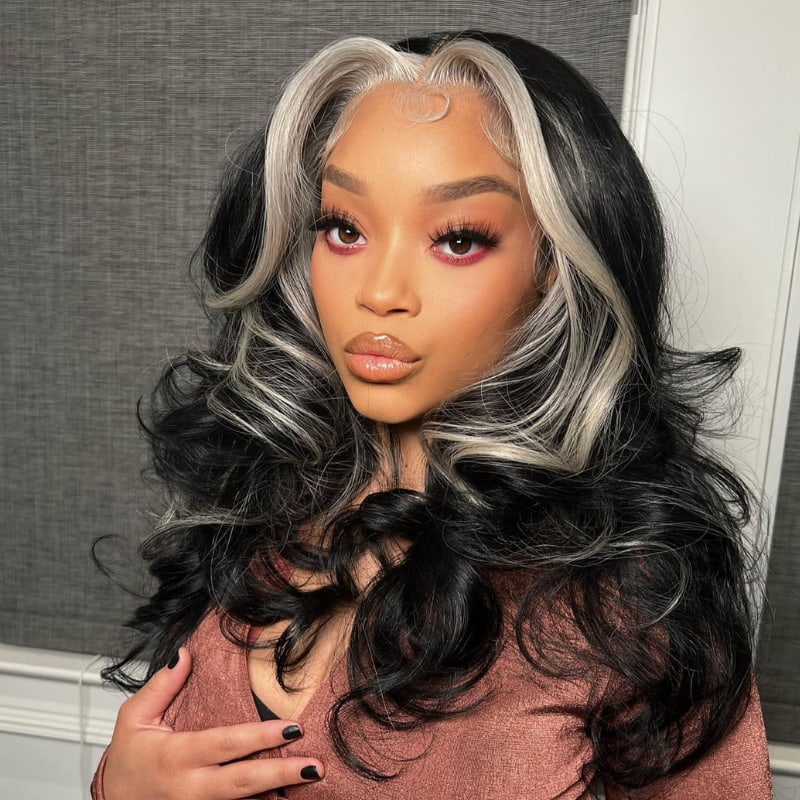 SWAY Black with Blonde Skunk Stripe 13x4 Lace Front Virgin Human Wigs