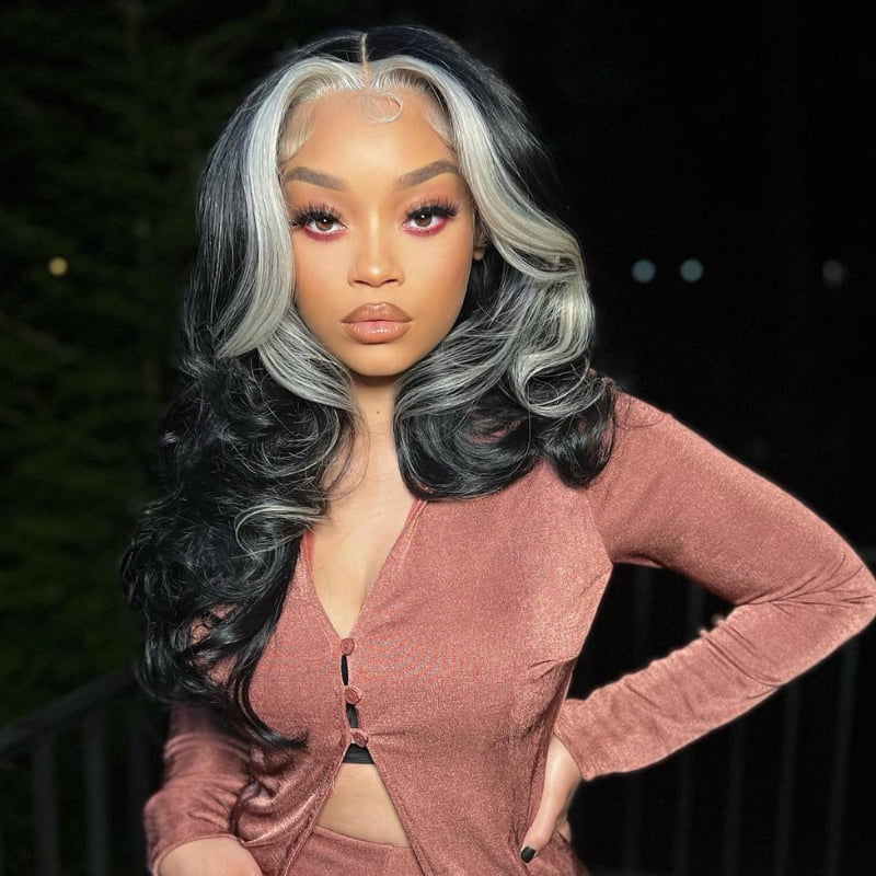 SWAY Black with Blonde Skunk Stripe 13x4 Lace Front Virgin Human Wigs