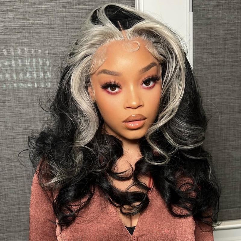 SWAY Black with Blonde Skunk Stripe 13x4 Lace Front Virgin Human Wigs