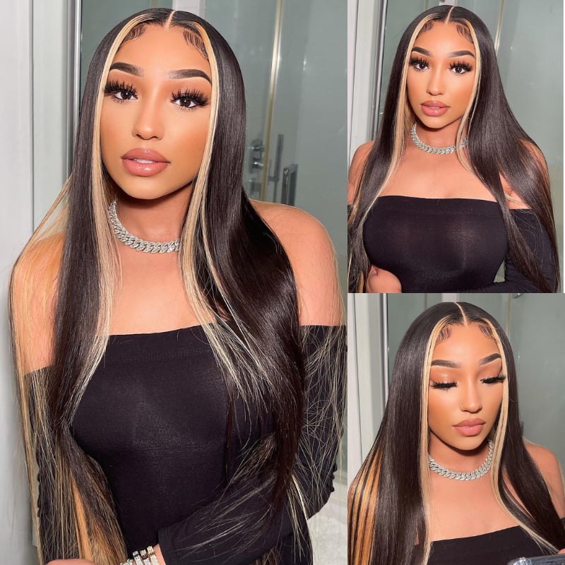 SWAY Black with Brown Skunk Stripe Bone Straight Virgin Human Hair Wig