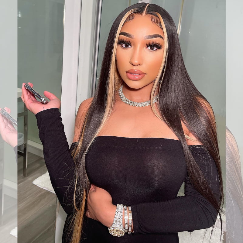 SWAY Black with Brown Skunk Stripe Bone Straight Virgin Human Hair Wig