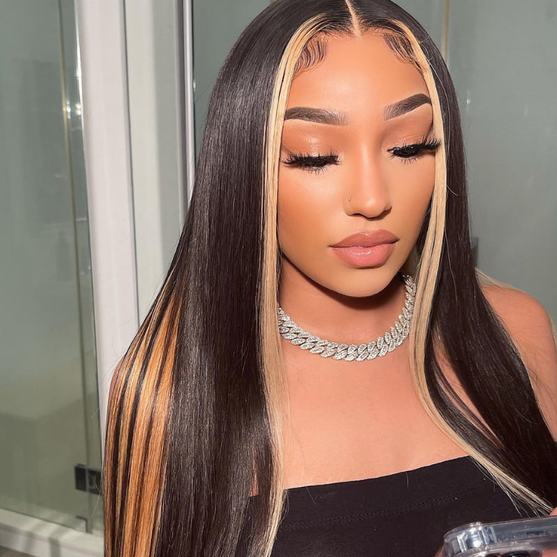 SWAY Black with Brown Skunk Stripe Bone Straight Virgin Human Hair Wig
