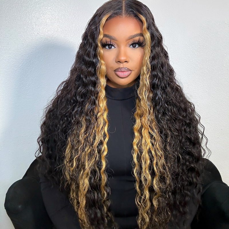 SWAY Black with Brown Skunk Stripe Highlight Deep Wave Human Hair Wigs