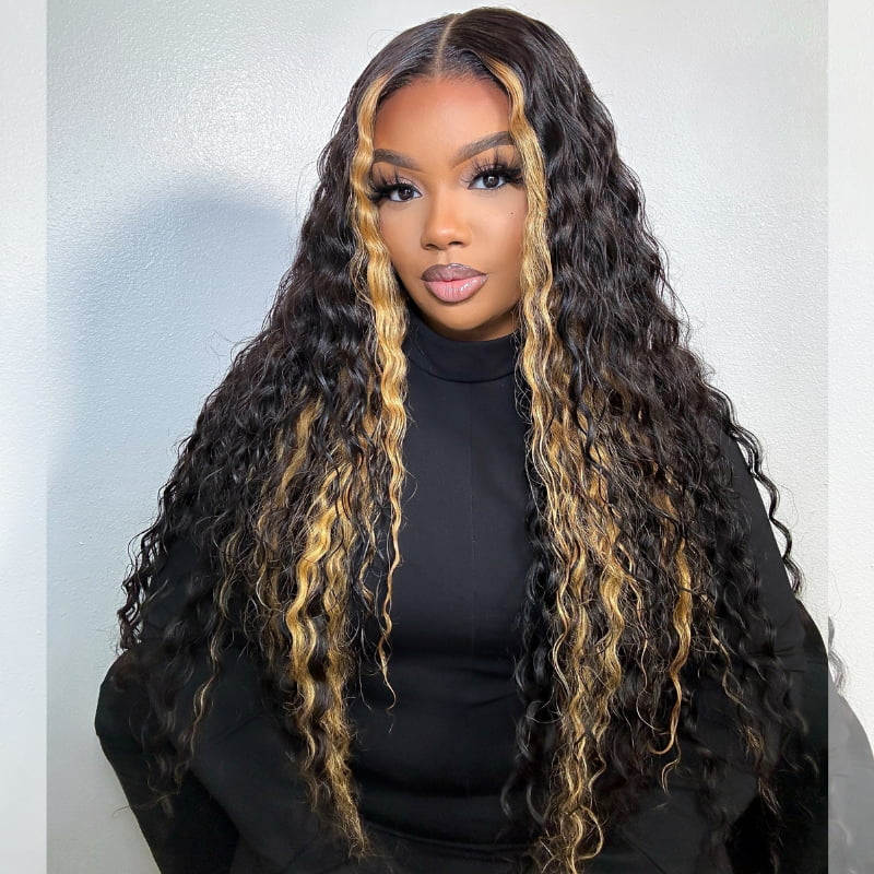 SWAY Black with Brown Skunk Stripe Highlight Deep Wave Human Hair Wigs
