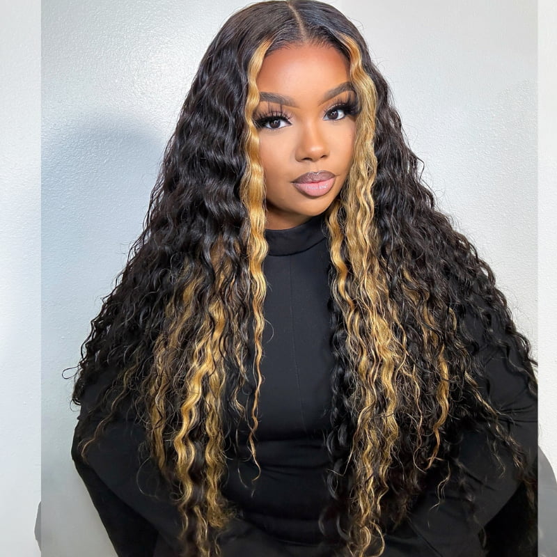 SWAY Black with Brown Skunk Stripe Highlight Deep Wave Human Hair Wigs
