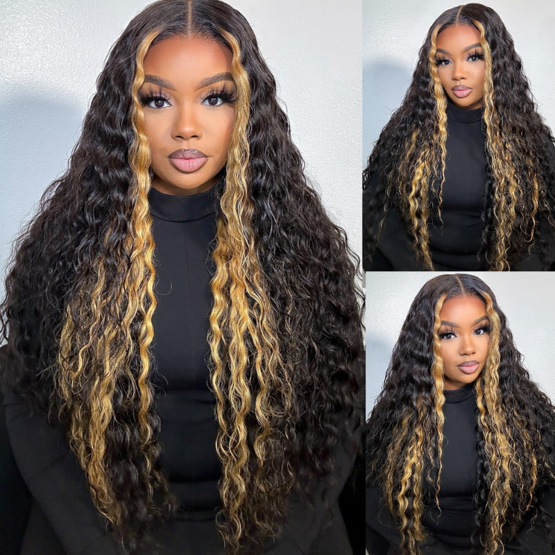 SWAY Black with Brown Skunk Stripe Highlight Deep Wave Human Hair Wigs