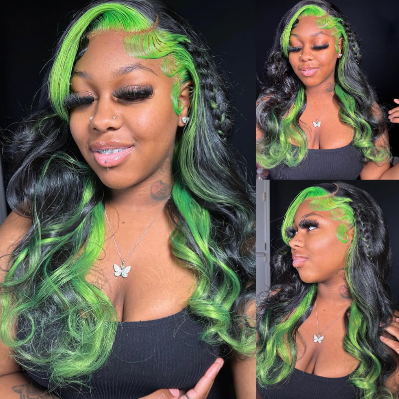 SWAY Black with Green Skunk Stripe Highlight Lace Front Human Hair Wig