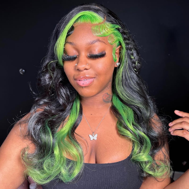 SWAY Black with Green Skunk Stripe Highlight Lace Front Human Hair Wig
