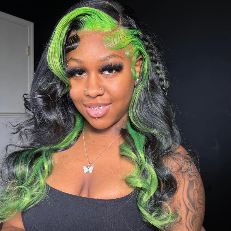 SWAY Black with Green Skunk Stripe Highlight Lace Front Human Hair Wig