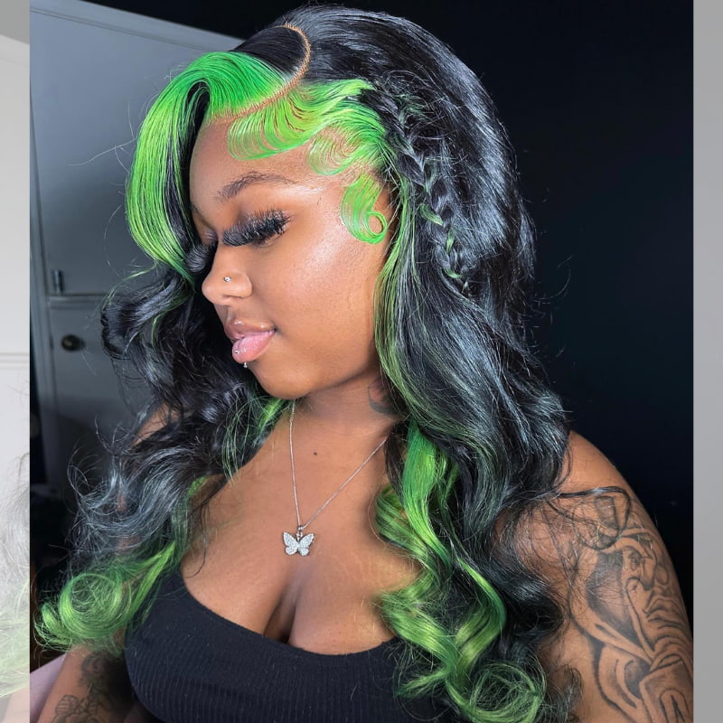 SWAY Black with Green Skunk Stripe Highlight Lace Front Human Hair Wig